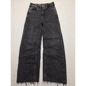 PILCRO Wide Leg Barrel Jeans Women 23T (24x27) Black Fray Hem Crop Stretch